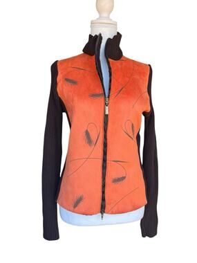 Robert Kitchen Faux Suede Zip Sweater Fall Feather/ Animal Print Reversible S